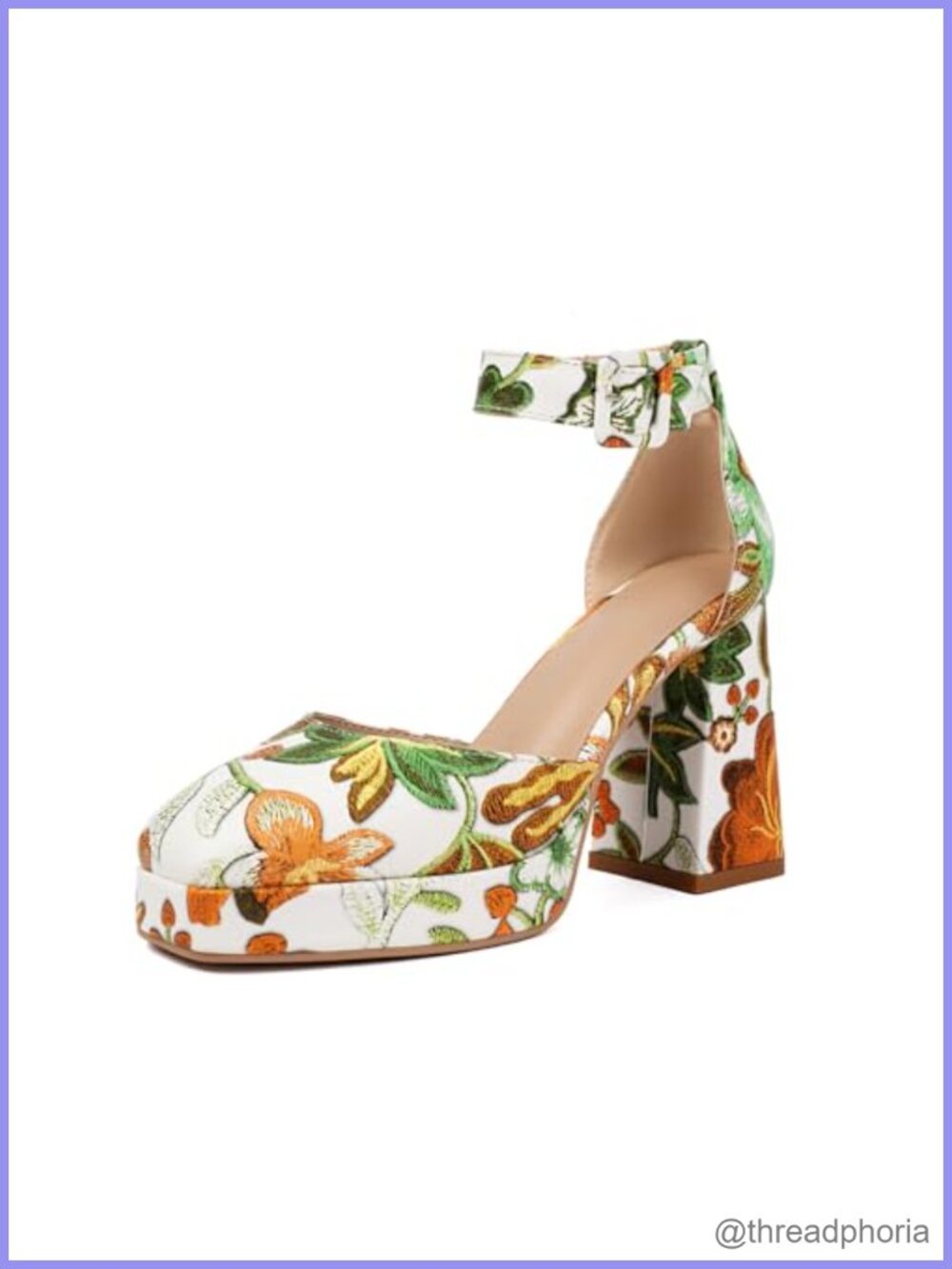 Faux Leather Floral Platform Pump Slingback Chunky Block Heel Ankle Strap Dress